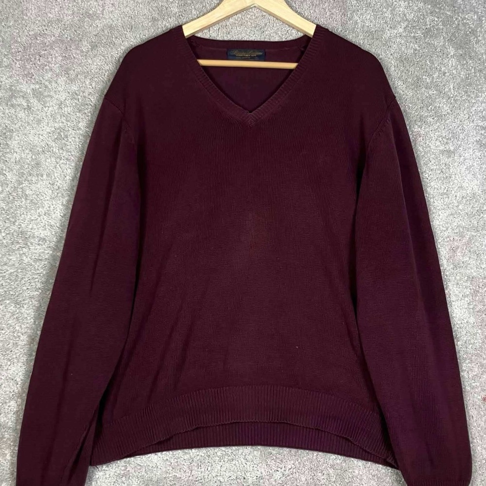 Vintage Brooks Brothers V-Neck Sweater Mens L Burgundy 100% Cotton Long Sleeve